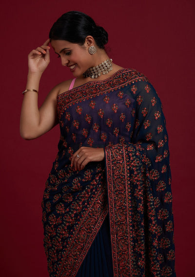 Peacock Green Threadwork Georgette Designer Saree - Koskii