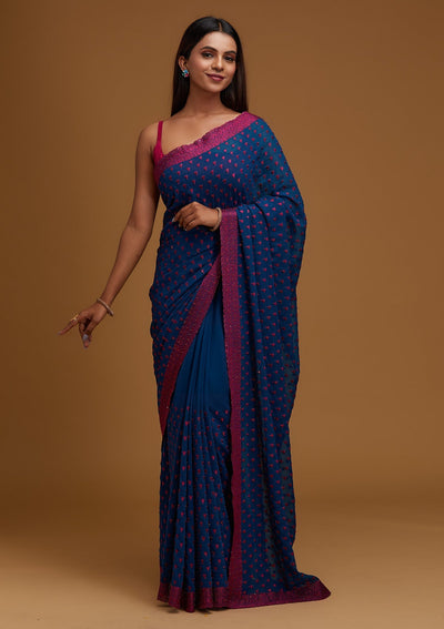 Peacock Green Threadwork Georgette Designer Saree - Koskii