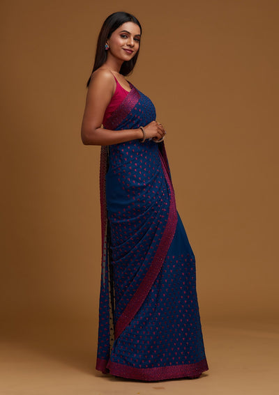 Peacock Green Threadwork Georgette Designer Saree - Koskii