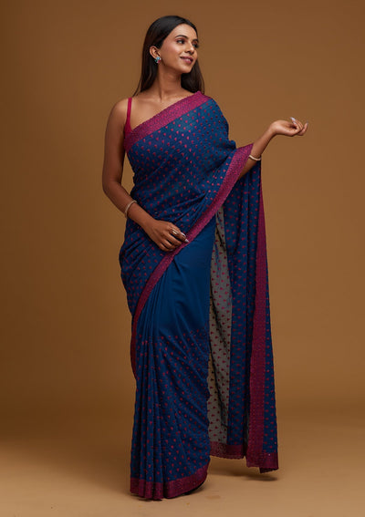 Peacock Green Threadwork Georgette Designer Saree - Koskii