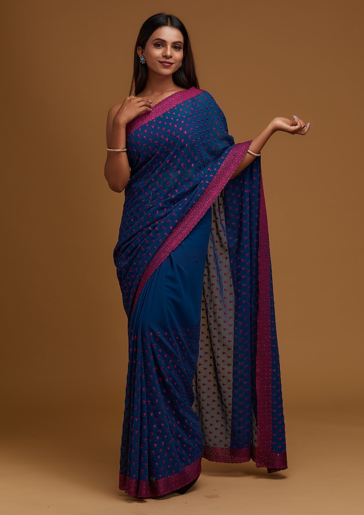 Peacock Green Threadwork Georgette Designer Saree - Koskii