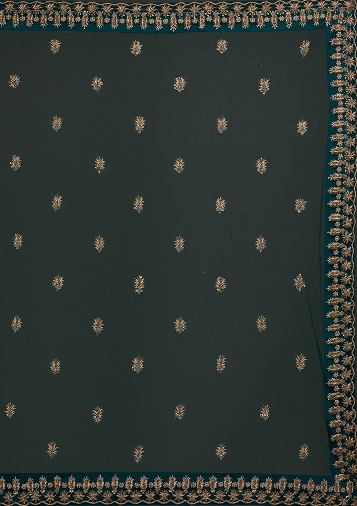 Peacock Green Zardosi Raw Silk Designer Lehenga - Koskii