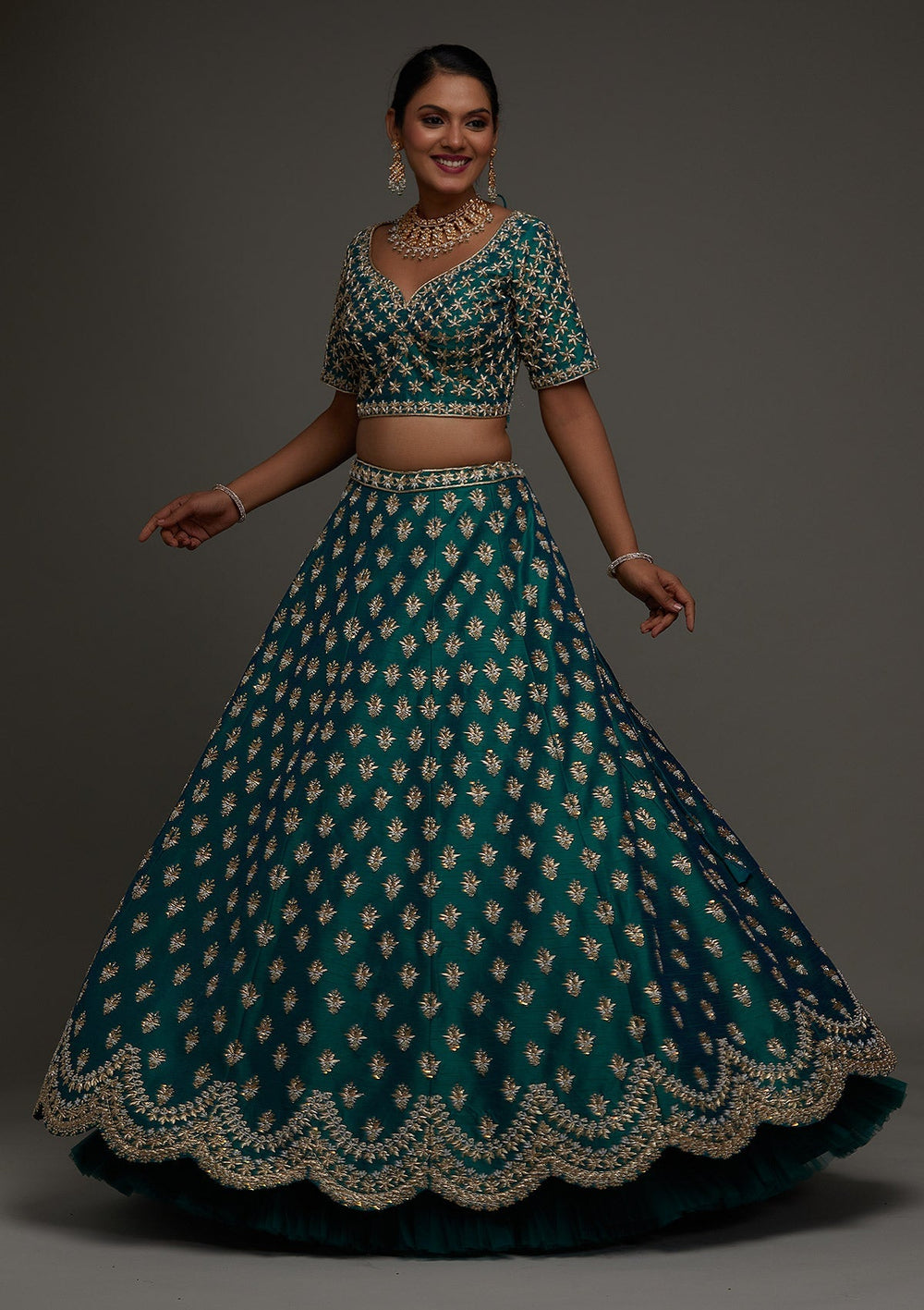 Peacock Green Zardosi Raw Silk Designer Lehenga - Koskii