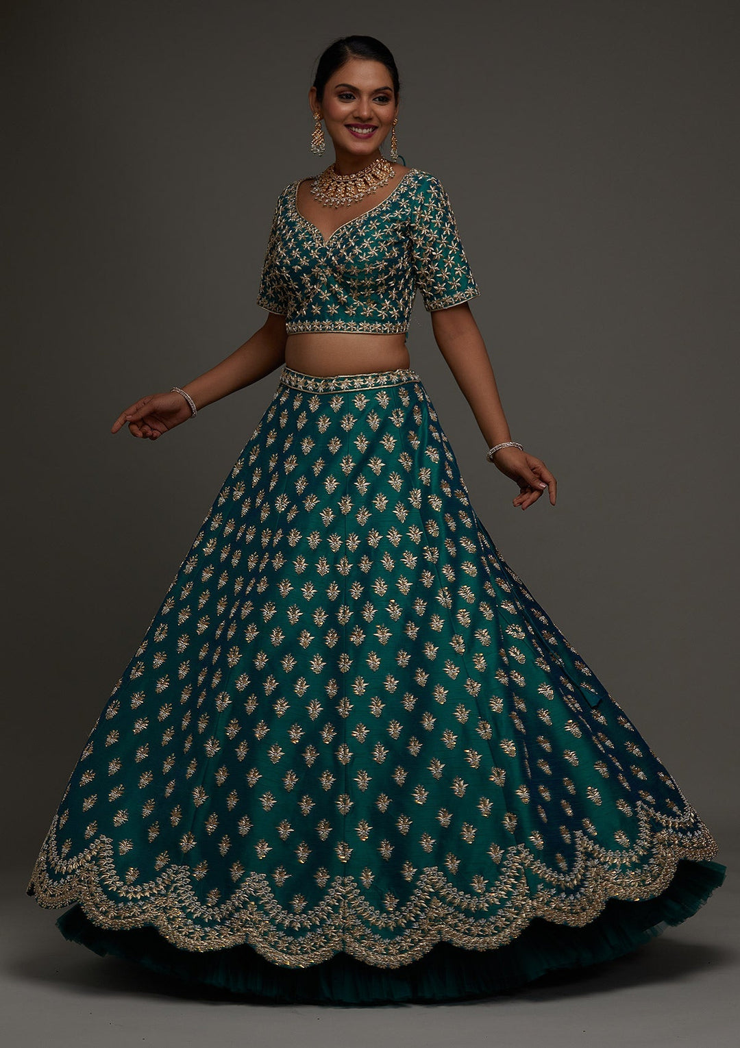 Peacock Green Zardosi Raw Silk Designer Lehenga - Koskii