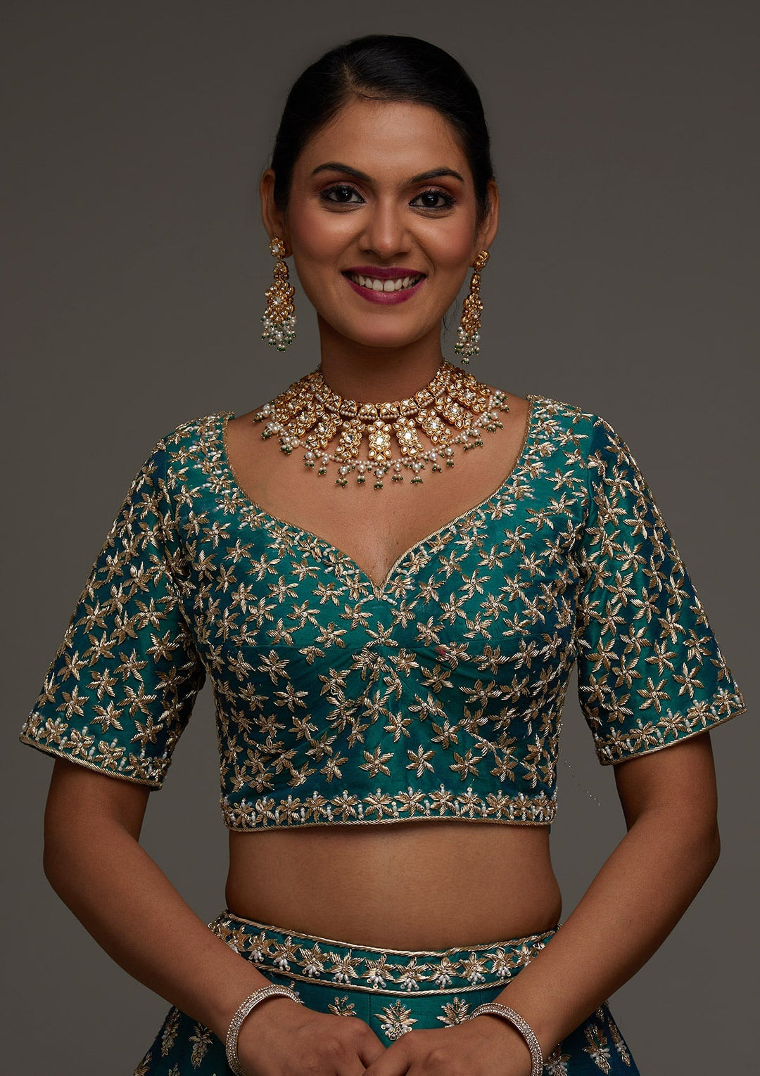 Peacock Green Zardosi Raw Silk Designer Lehenga - Koskii
