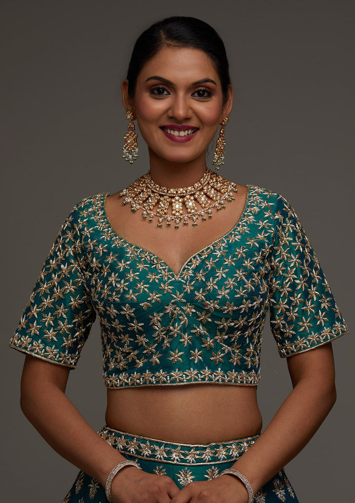 Peacock Green Zardosi Raw Silk Designer Lehenga - Koskii
