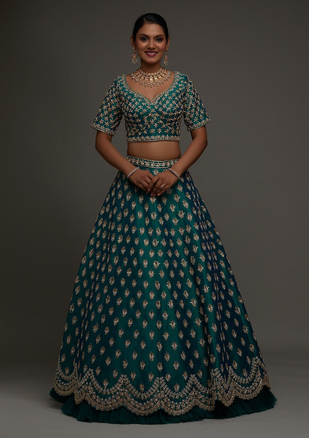 Peacock Green Zardosi Raw Silk Designer Lehenga - Koskii