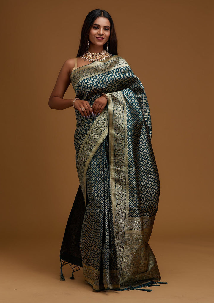 Peacock Green Zariwork Art Silk Designer Saree - Koskii