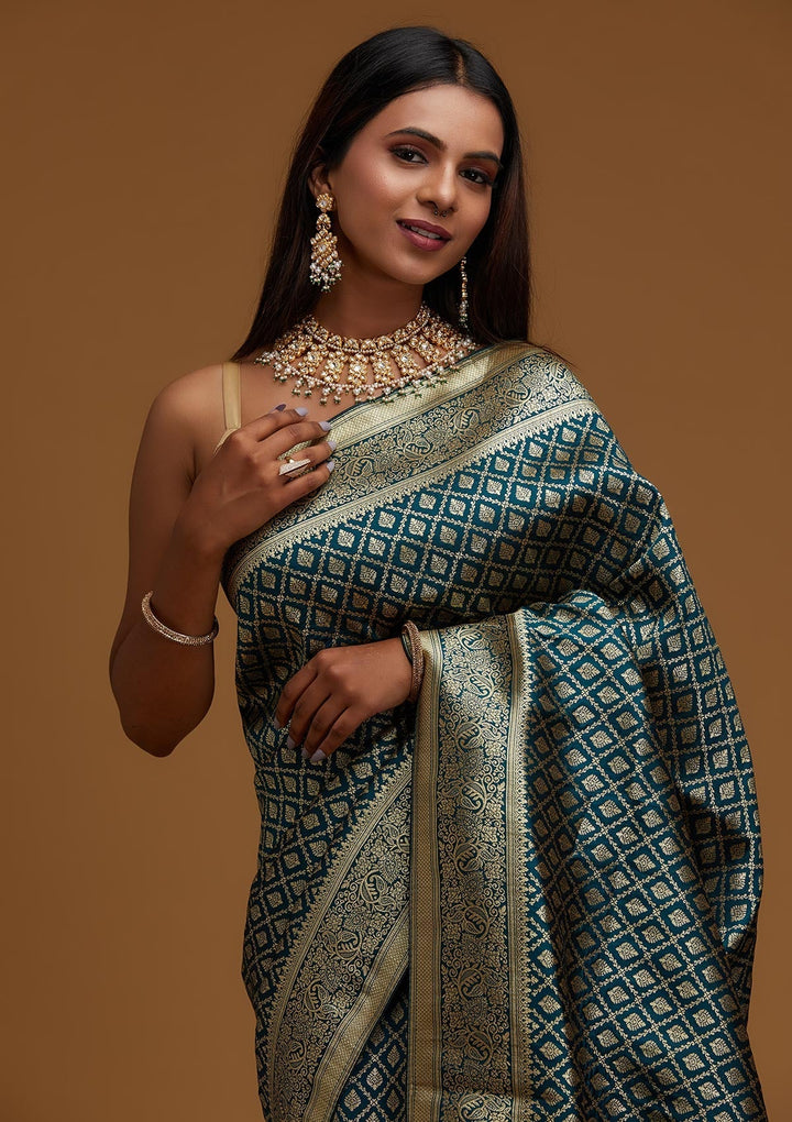 Peacock Green Zariwork Art Silk Designer Saree - Koskii