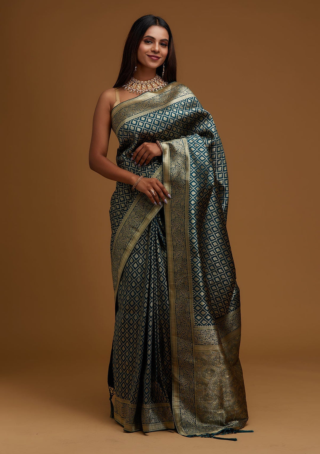 Peacock Green Zariwork Art Silk Designer Saree - Koskii