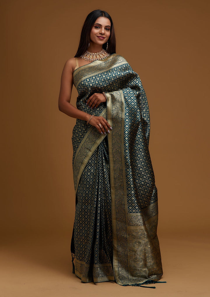 Peacock Green Zariwork Art Silk Designer Saree - Koskii