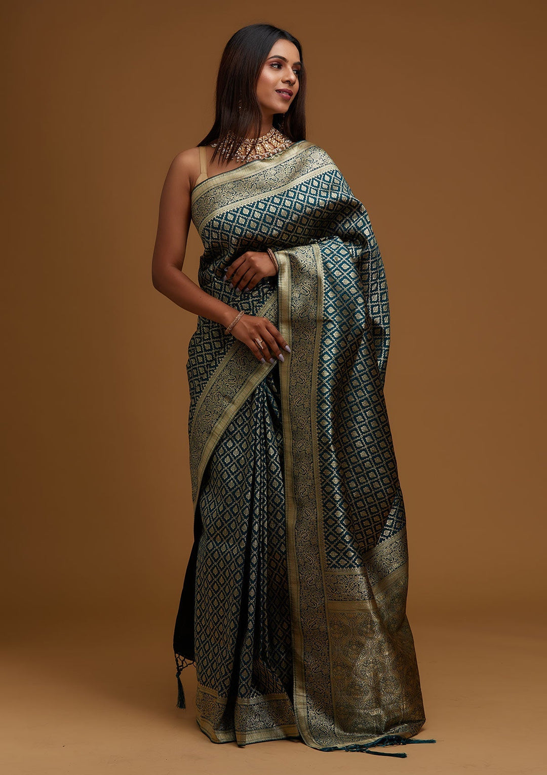 Peacock Green Zariwork Art Silk Designer Saree - Koskii