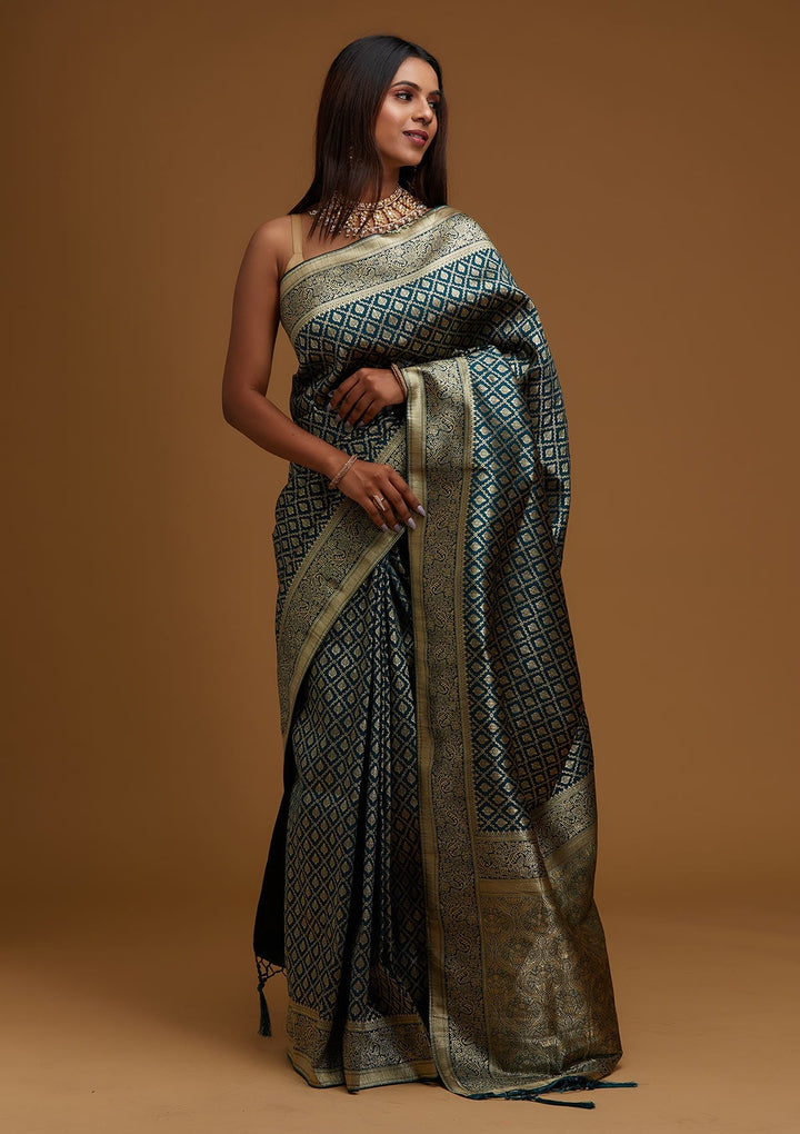 Peacock Green Zariwork Art Silk Designer Saree - Koskii