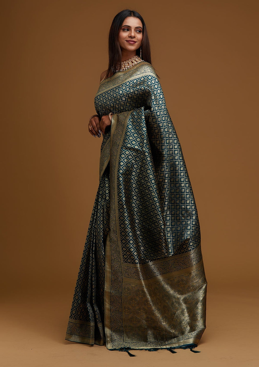 Peacock Green Zariwork Art Silk Designer Saree - Koskii