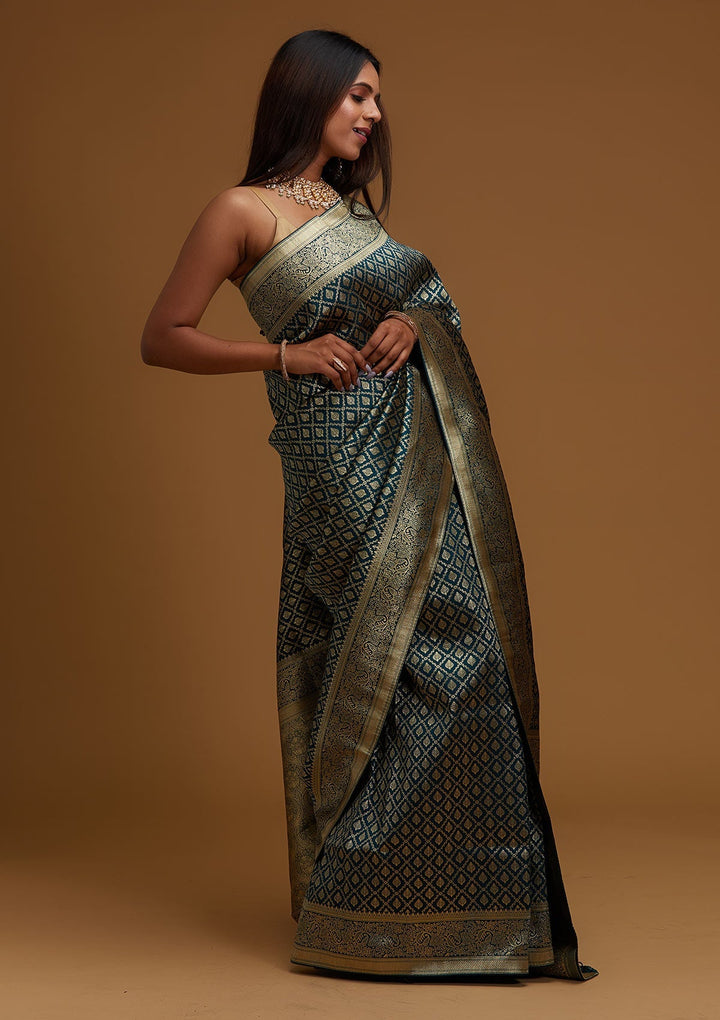 Peacock Green Zariwork Art Silk Designer Saree - Koskii