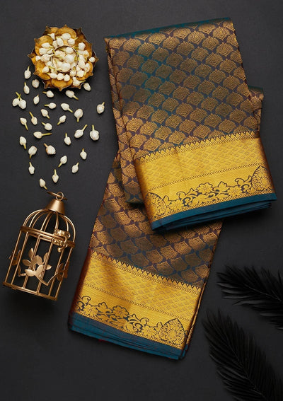 Peacock Green Zariwork Pure Silk Designer Saree - Koskii