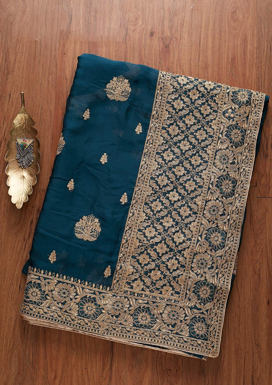 Peacock Green Zariwork Satin Designer Saree - koskii