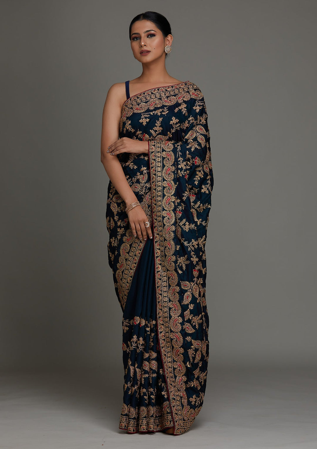 Peacock Green Zariwork Semi Crepe Saree - Koskii