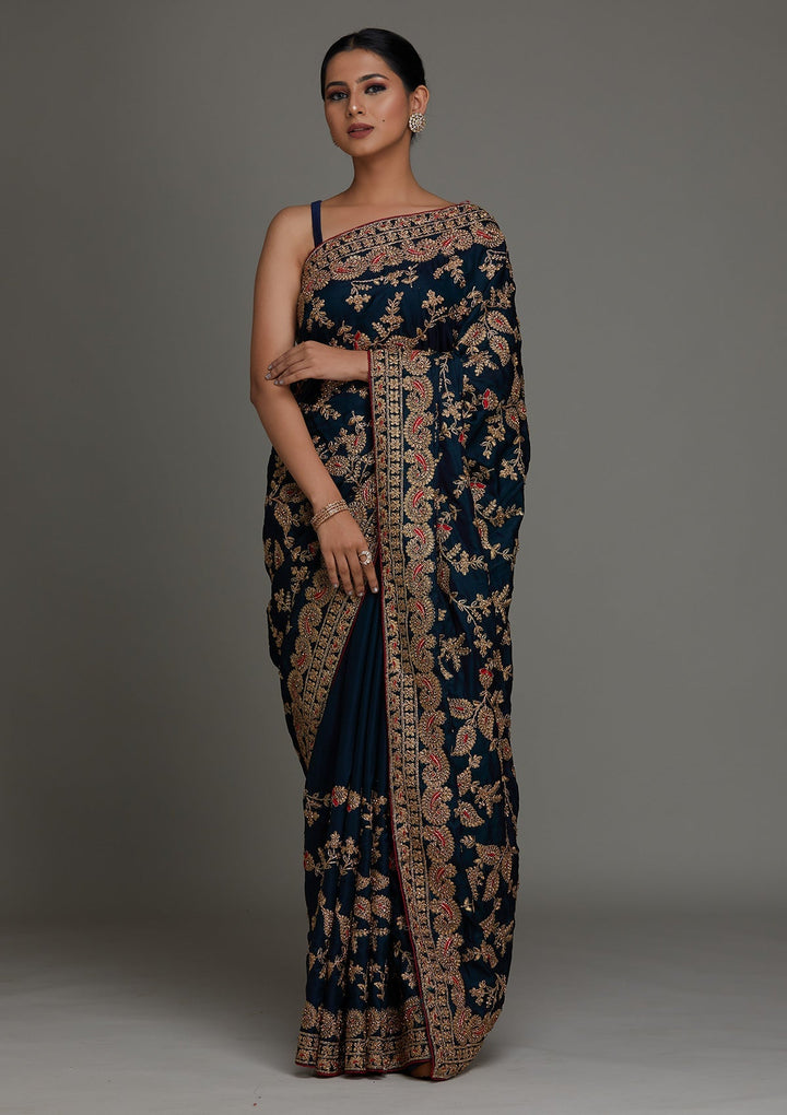 Peacock Green Zariwork Semi Crepe Saree - Koskii