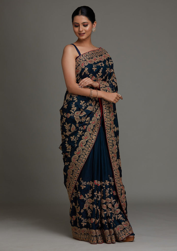 Peacock Green Zariwork Semi Crepe Saree - Koskii