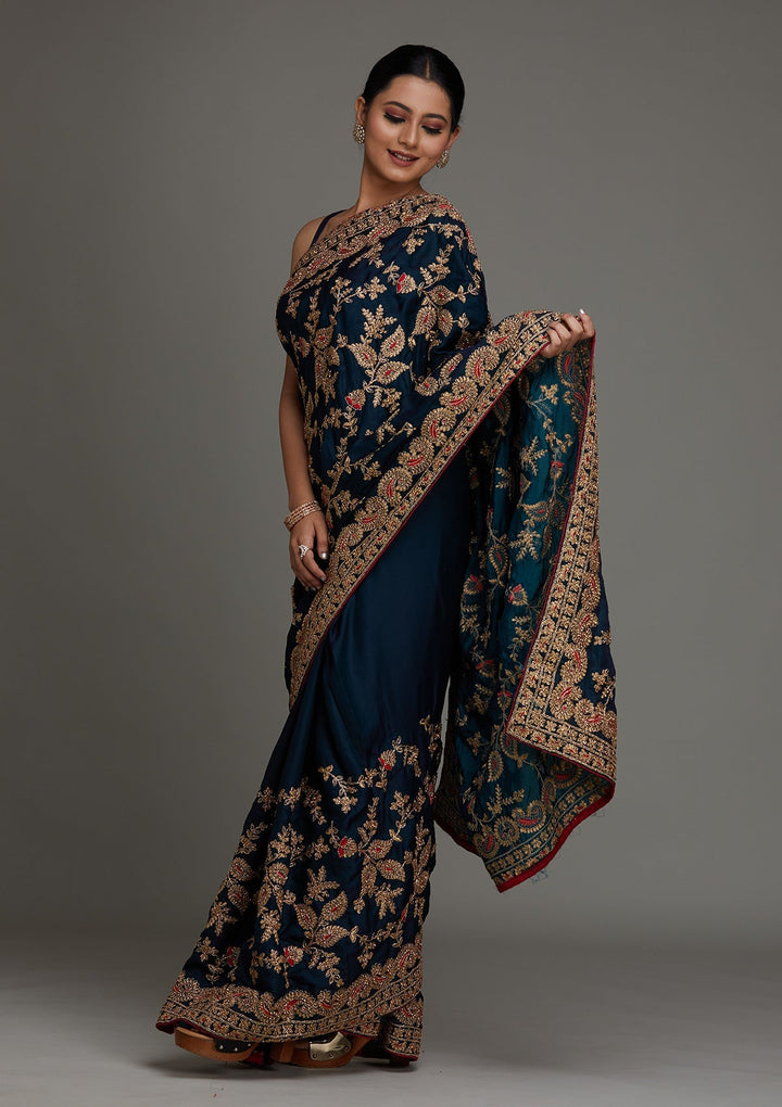 Peacock Green Zariwork Semi Crepe Saree - Koskii