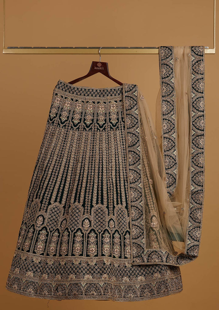 Peacock Green Zariwork Velvet Designer Semi-Stitched Lehenga - koskii