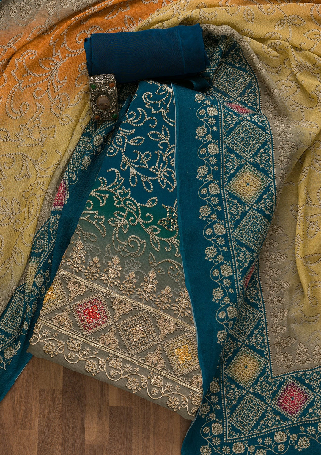 Peacock Blue Bandhani Crepe Unstitched Salwar Kameez-Koskii