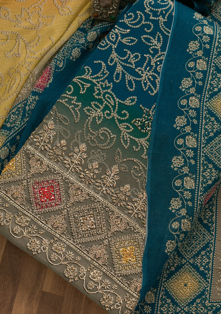 Peacock Blue Bandhani Crepe Unstitched Salwar Kameez-Koskii