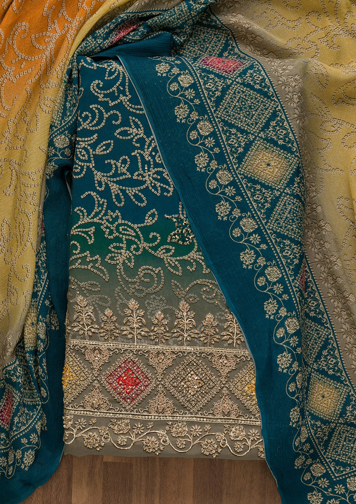 Peacock Blue Bandhani Crepe Unstitched Salwar Kameez-Koskii