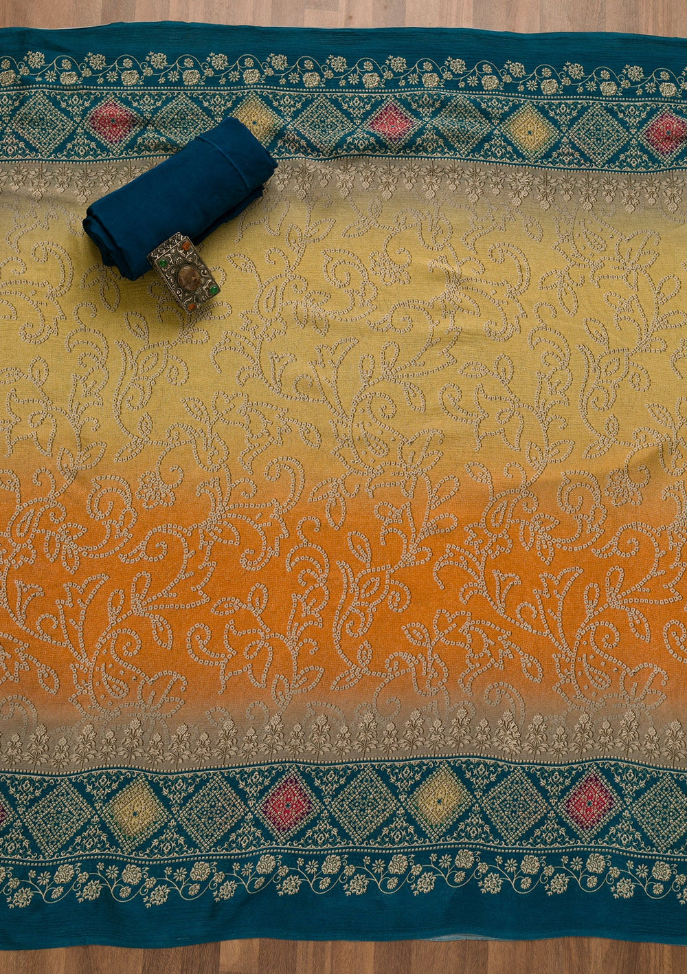Peacock Blue Bandhani Crepe Unstitched Salwar Kameez-Koskii