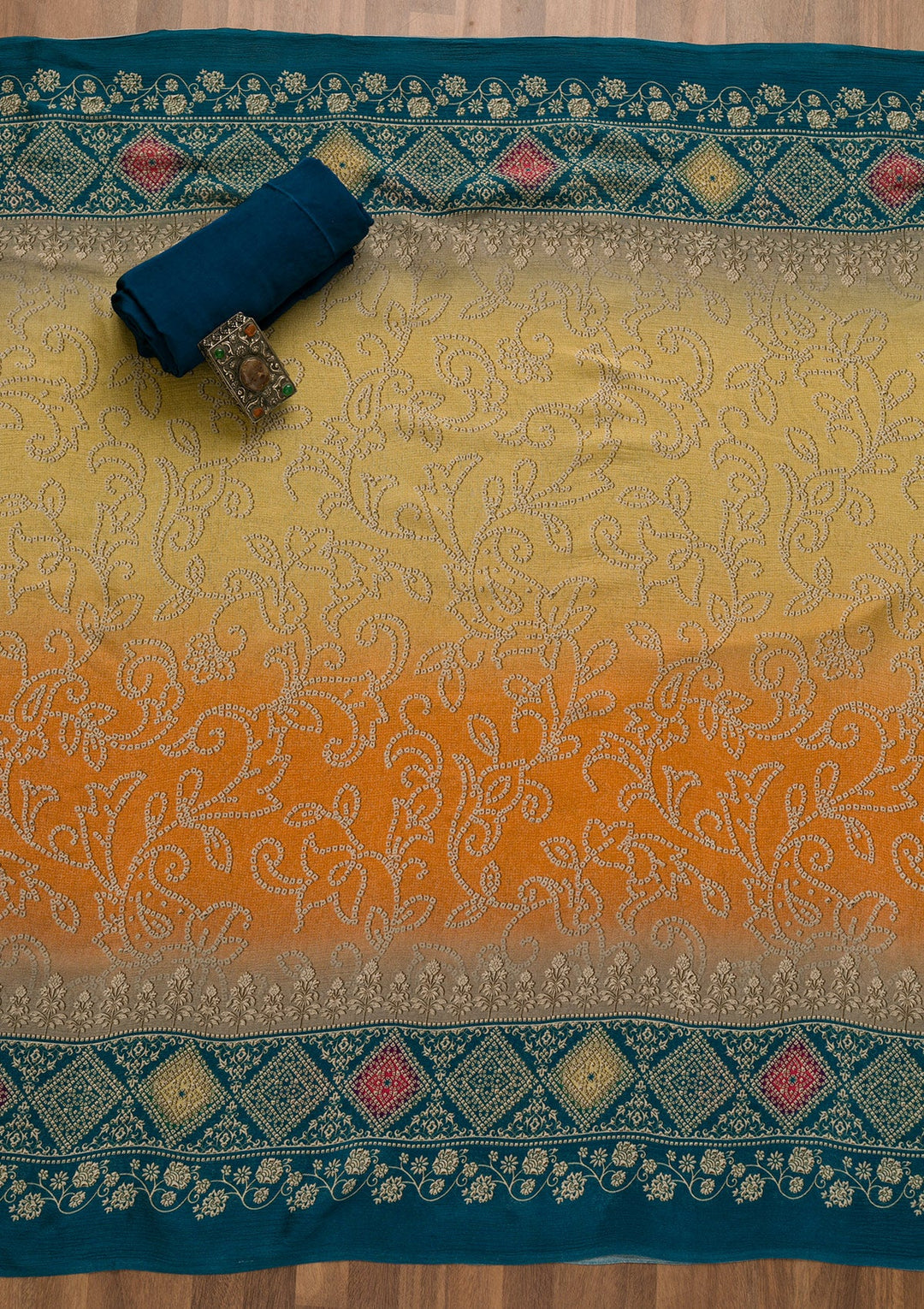 Peacock Blue Bandhani Crepe Unstitched Salwar Kameez-Koskii