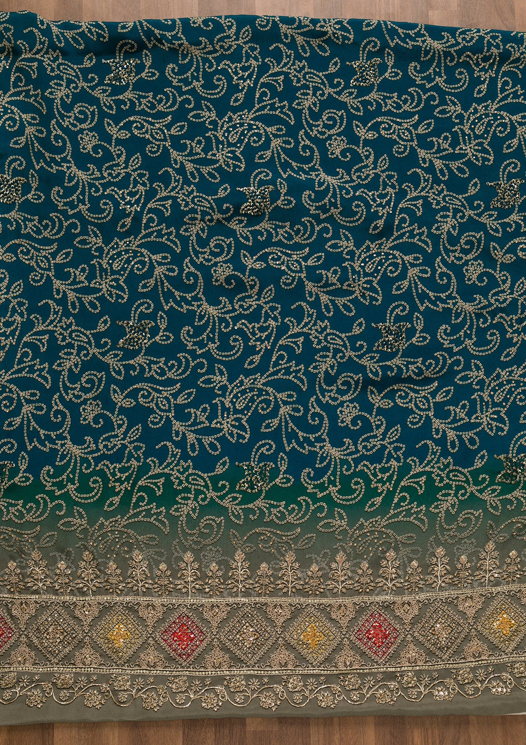 Peacock Blue Bandhani Crepe Unstitched Salwar Kameez-Koskii