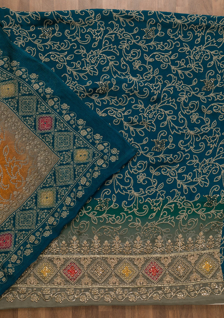 Peacock Blue Bandhani Crepe Unstitched Salwar Kameez-Koskii