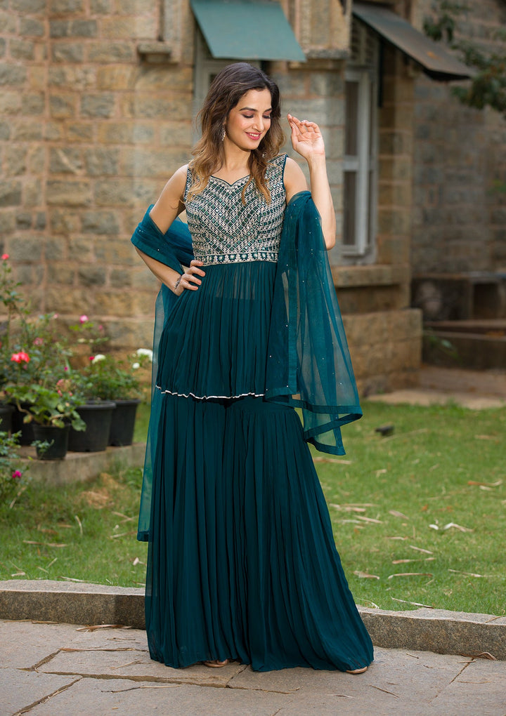 Peacock Blue Mirrorwork Georgette Readymade Salwar Kameez-Koskii