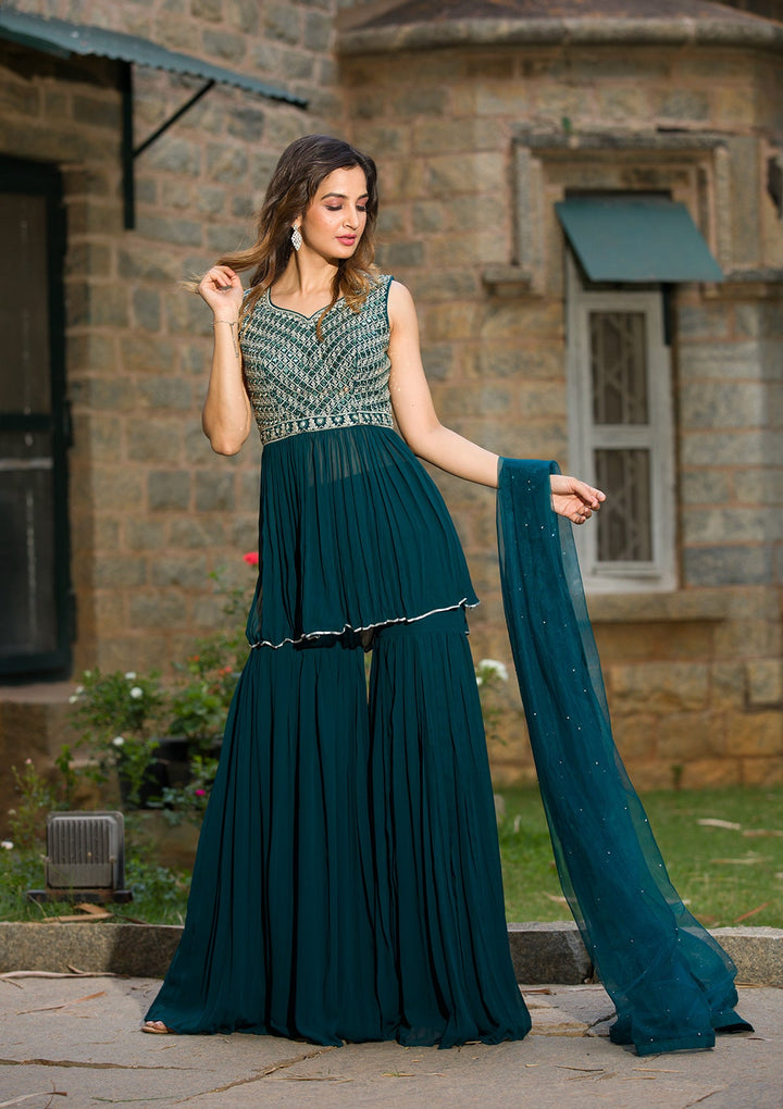 Peacock Blue Mirrorwork Georgette Readymade Salwar Kameez-Koskii