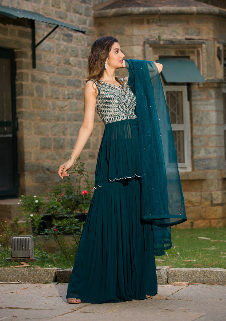 Peacock Blue Mirrorwork Georgette Readymade Salwar Kameez-Koskii