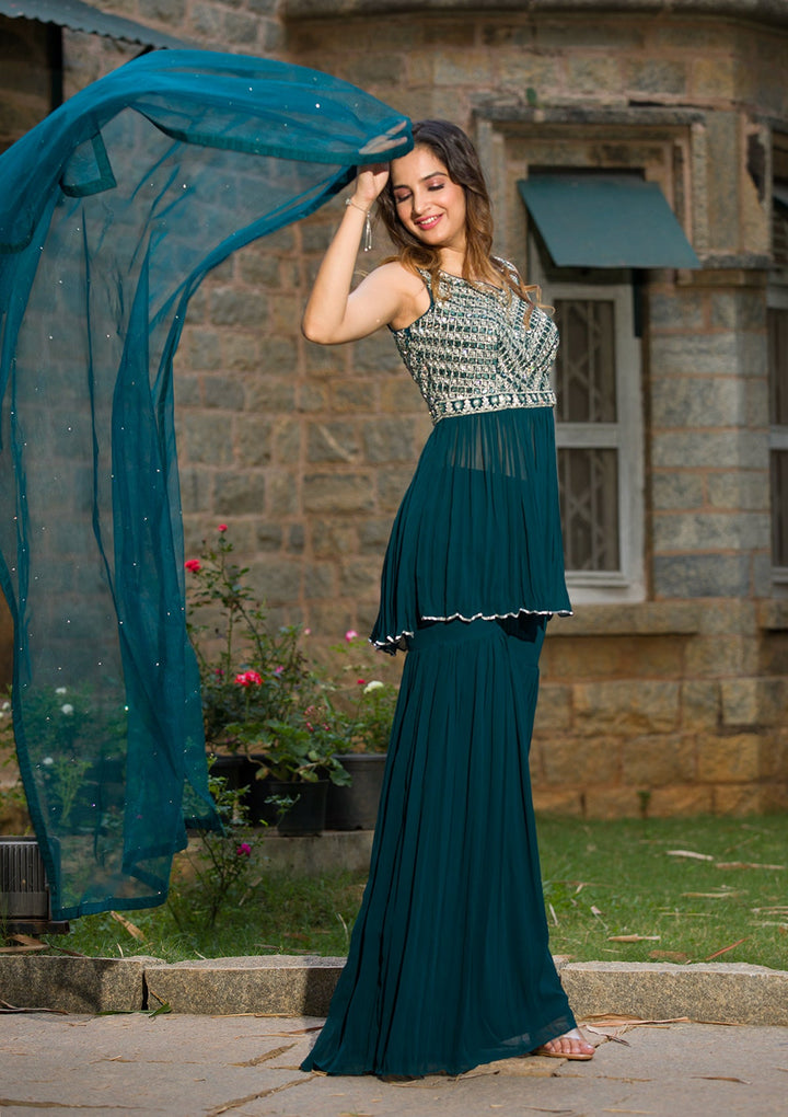 Peacock Blue Mirrorwork Georgette Readymade Salwar Kameez-Koskii