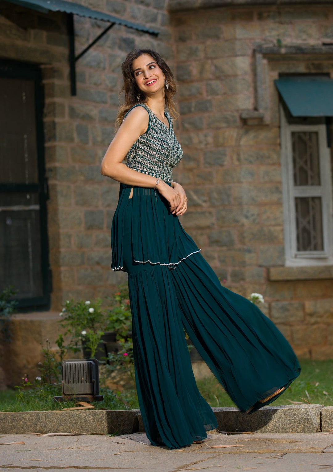 Peacock Blue Mirrorwork Georgette Readymade Salwar Kameez-Koskii