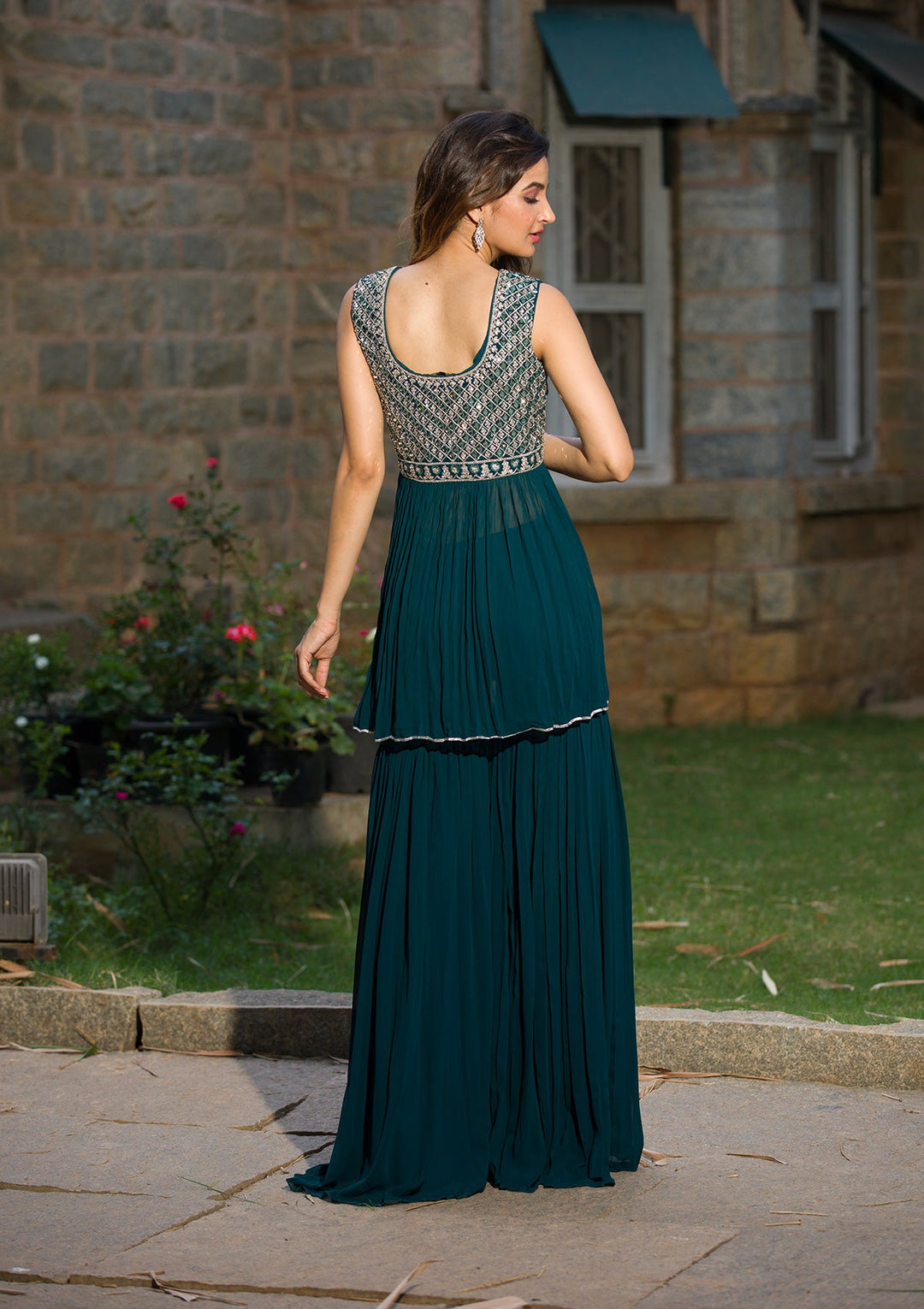 Peacock Blue Mirrorwork Georgette Readymade Salwar Kameez-Koskii