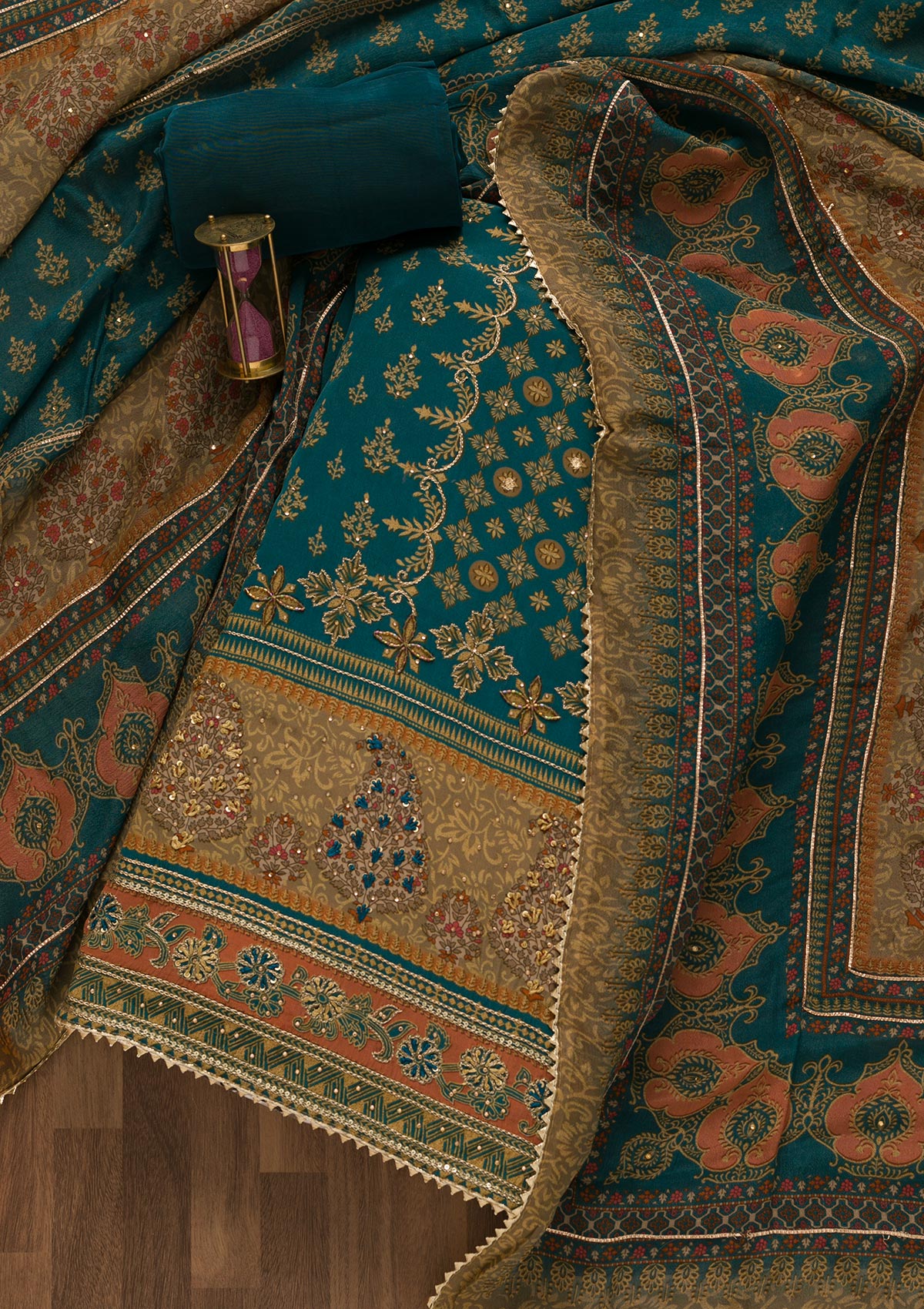 Peacock Blue Printed Semi Crepe Unstitched Salwar Suit-Koskii