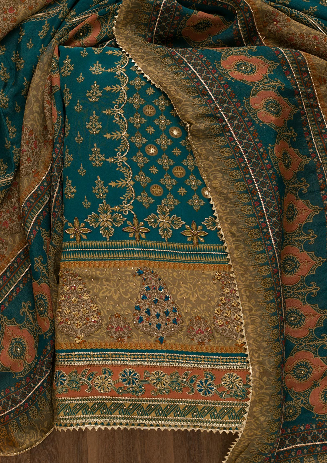 Peacock Blue Printed Semi Crepe Unstitched Salwar Suit-Koskii