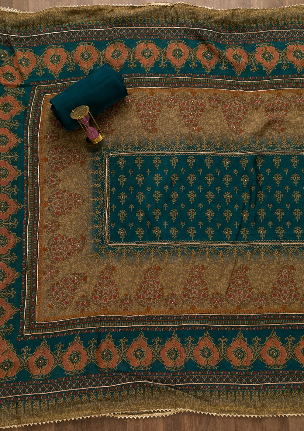 Peacock Blue Printed Semi Crepe Unstitched Salwar Suit-Koskii