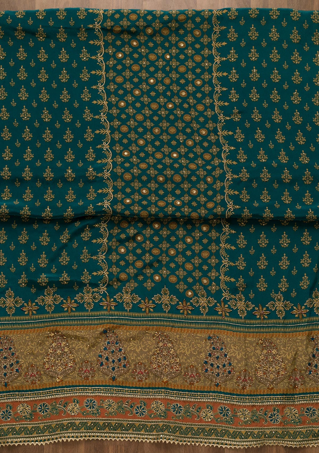 Peacock Blue Printed Semi Crepe Unstitched Salwar Suit-Koskii