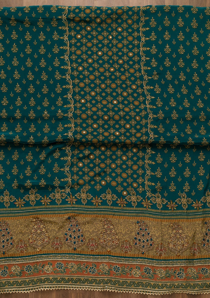 Peacock Blue Printed Semi Crepe Unstitched Salwar Suit-Koskii