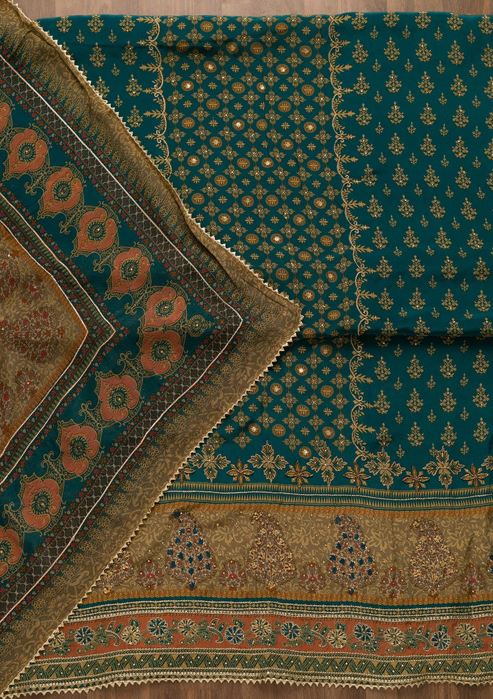 Peacock Blue Printed Semi Crepe Unstitched Salwar Suit-Koskii