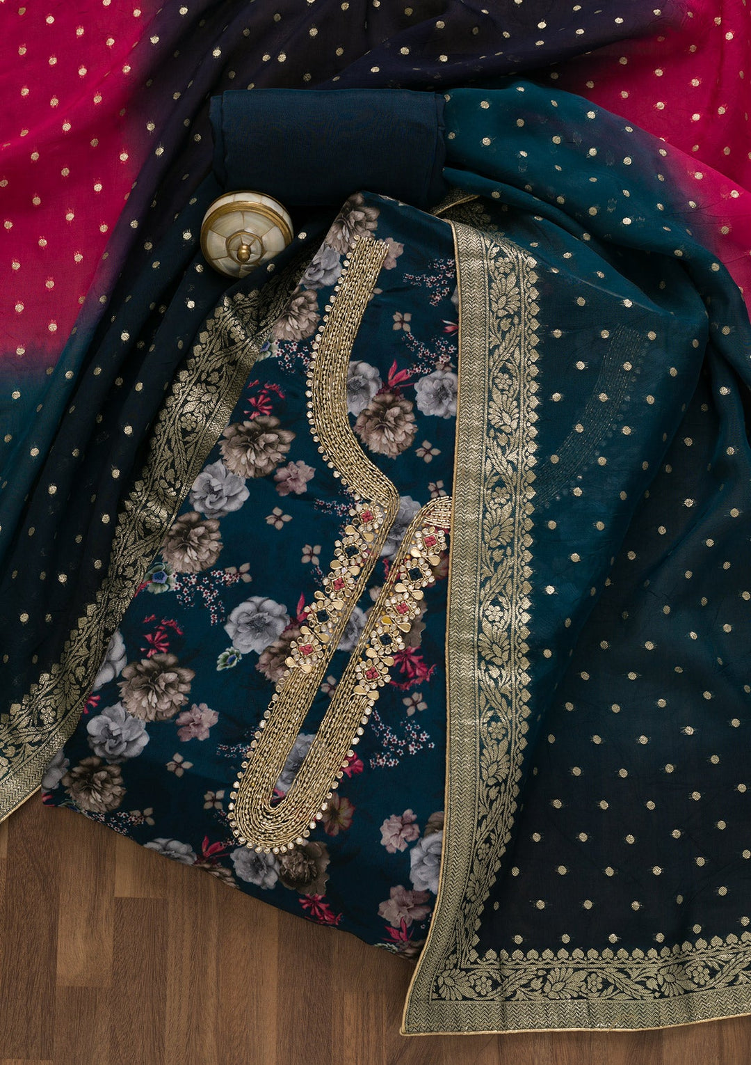Peacock Blue Printed Tissue Unstitched Salwar Kameez-Koskii