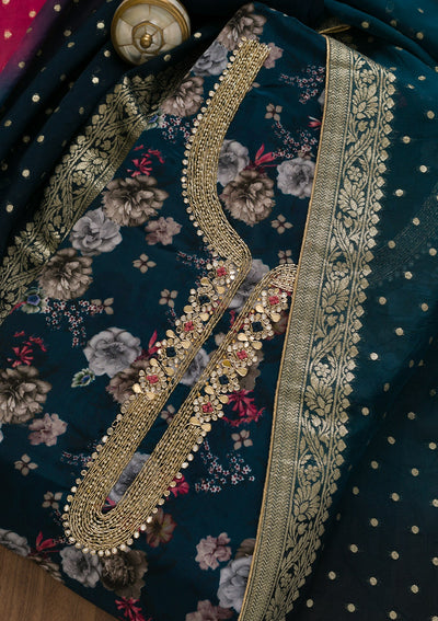 Peacock Blue Printed Tissue Unstitched Salwar Kameez-Koskii