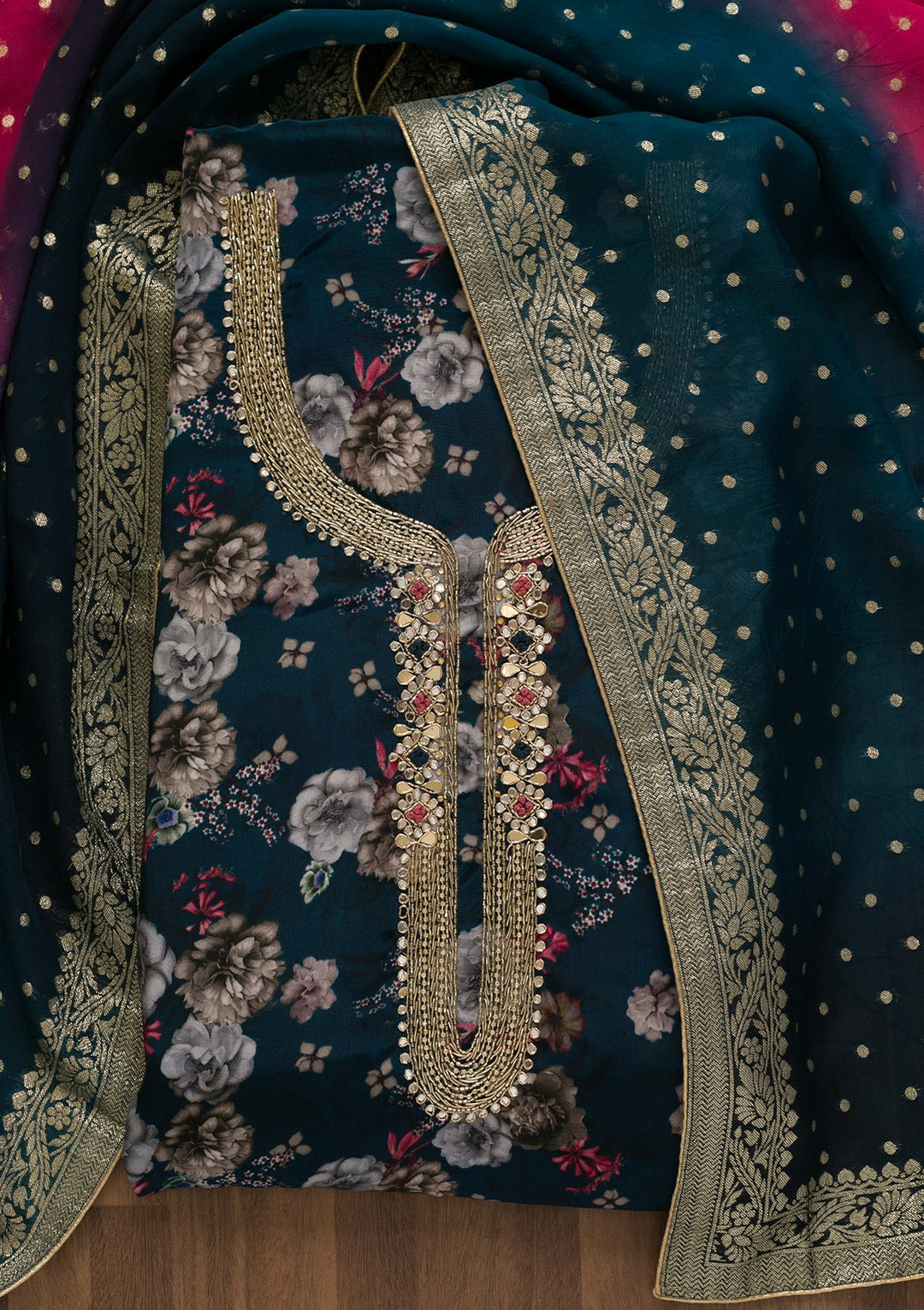 Peacock Blue Printed Tissue Unstitched Salwar Kameez-Koskii