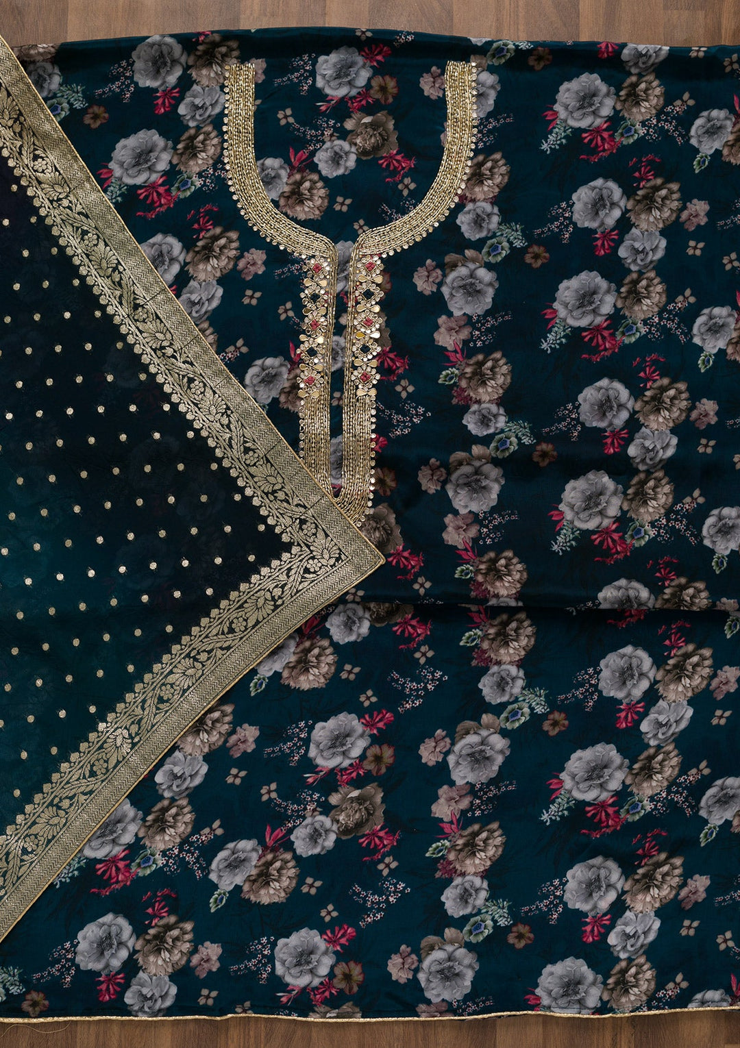 Peacock Blue Printed Tissue Unstitched Salwar Kameez-Koskii
