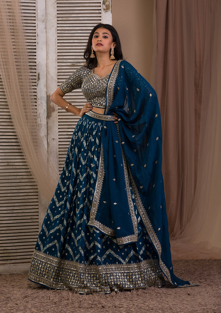 Peacock Blue Sequins Banarasi Readymade Lehenga-Koskii